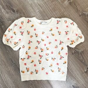 Alice + Olivia White Short Puff-Sleeve Floral Tee
